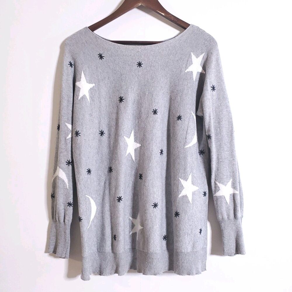 Zaket & Plover Threaded Star Pullover Sweater Gray Cotton Cashmere Womens